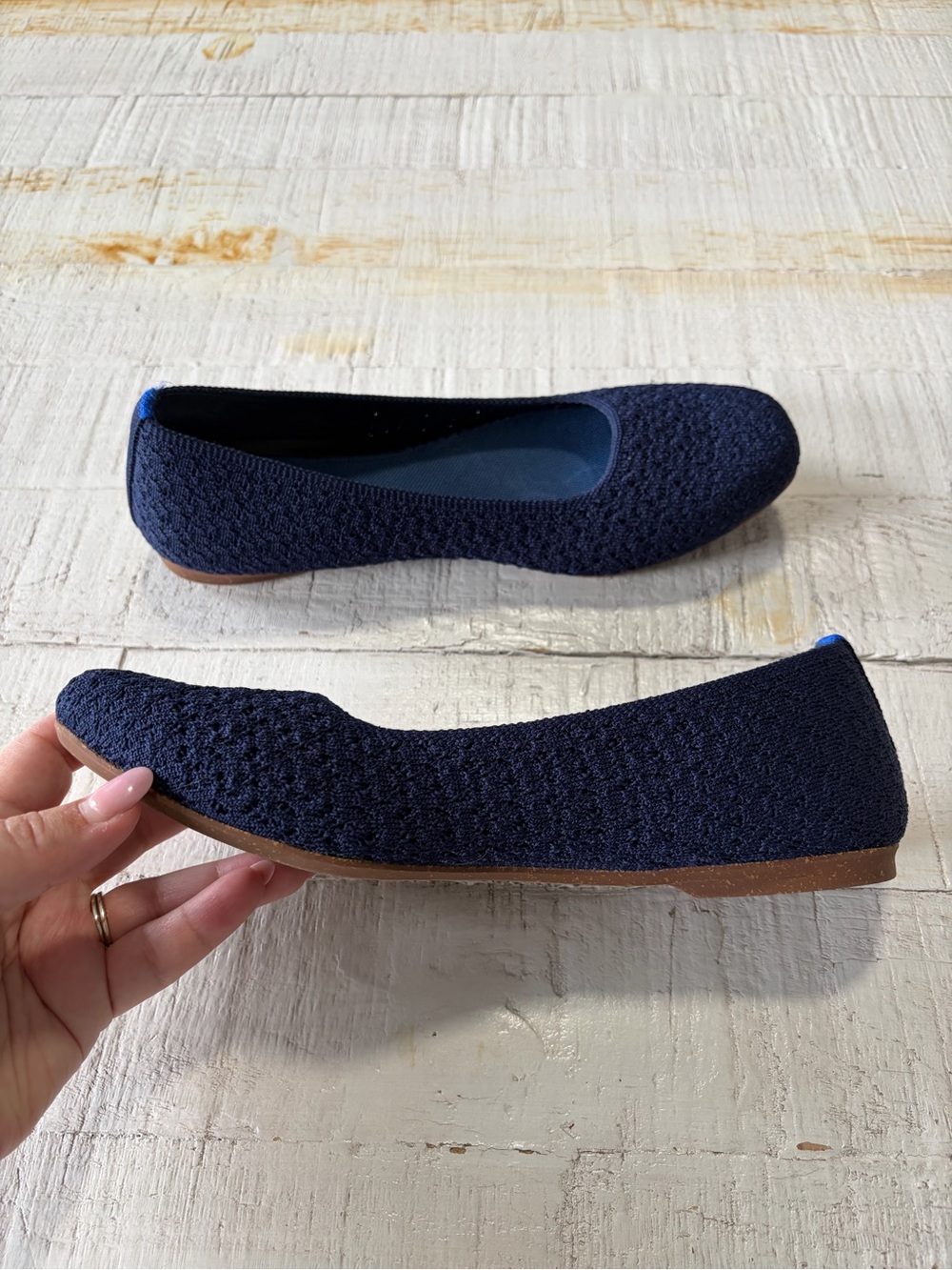 Rothy’s the Max Square in Deep Navy Crochet size 8.5 Knit Flats In Love Insoles - Picture 9 of 14